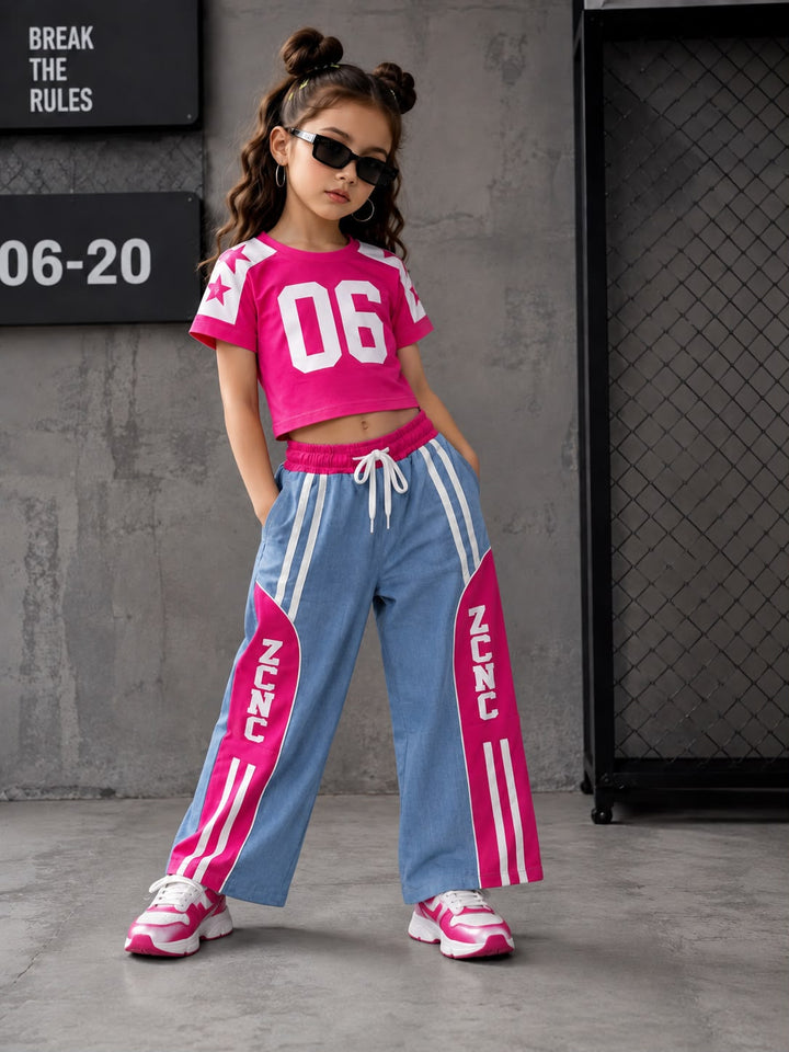 Girl's Hot Pink Co-Ord Set With Soft Denim Bottom [GCS-2G-7549](3-12 Years)