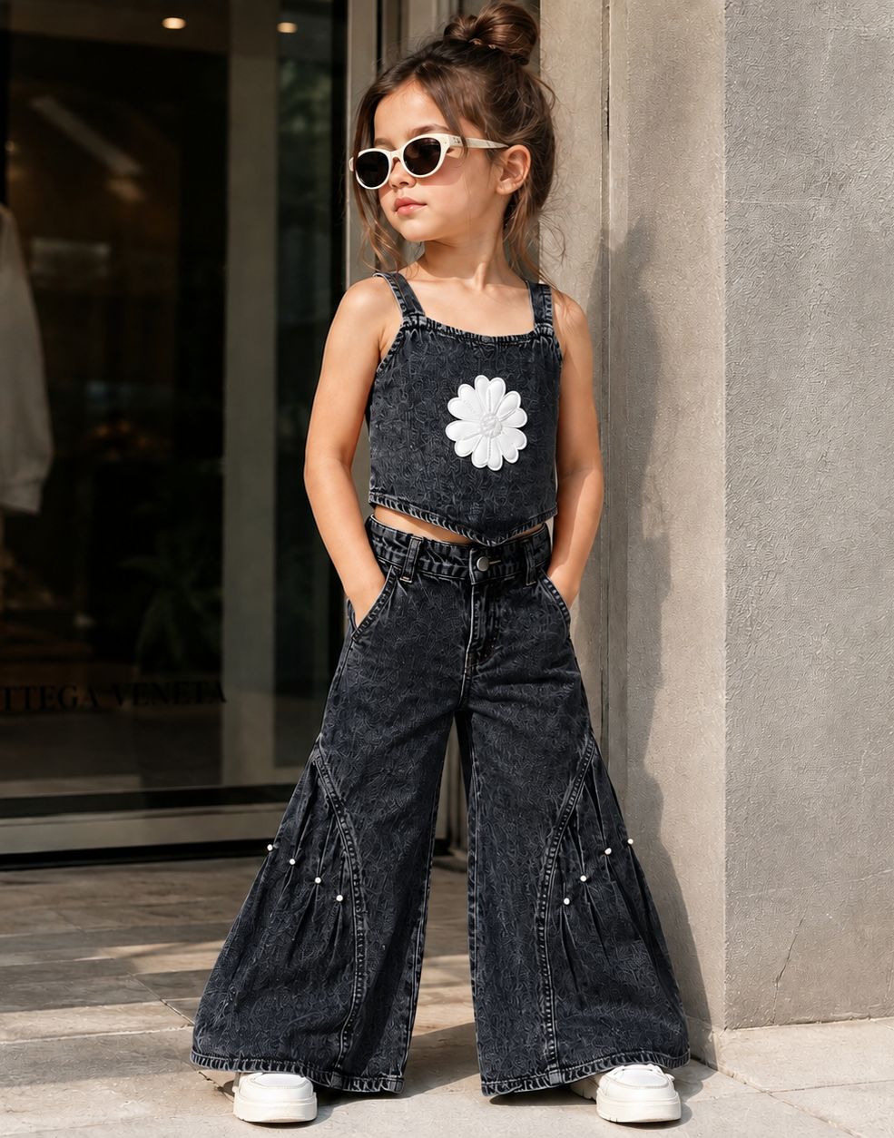 Girls Daisy Dream Black Wide-Flare Denim Co-Ord Set [GCS-3F-1148] (3-12 Years)