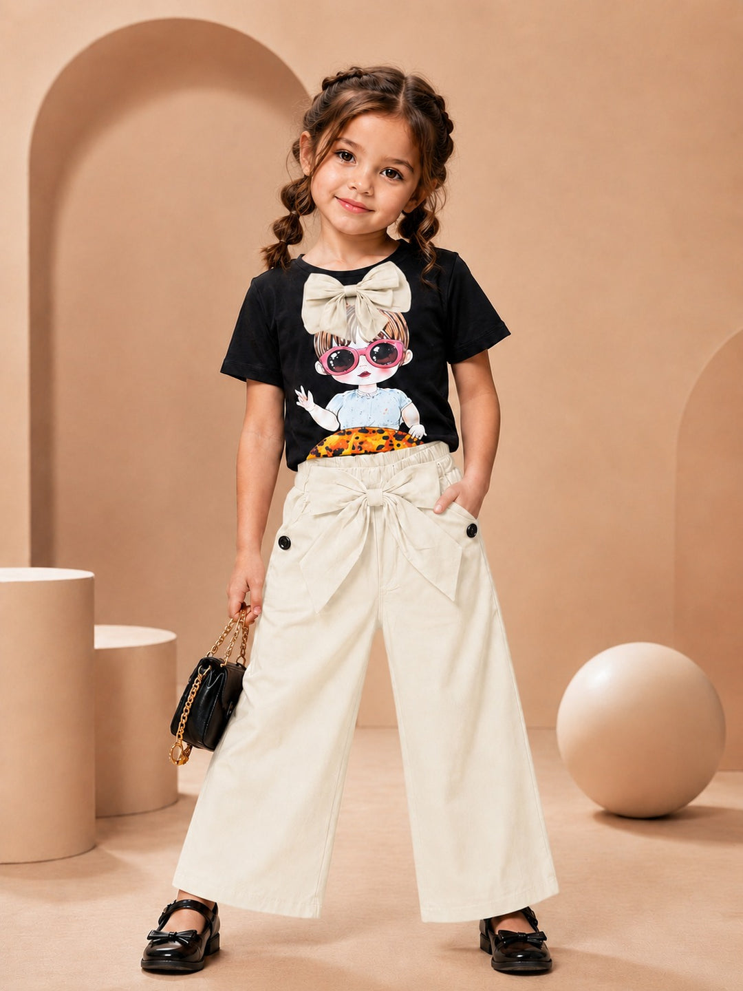 Girls Beige Bow Graphic Co-ord Set [GCS-6C-2812] (3-12Years)