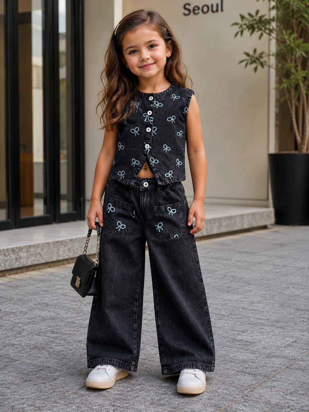 Girls Charcoal Denim Waistcoat Co-Ord Set [GCS-6C-7954] (5-13 Years)