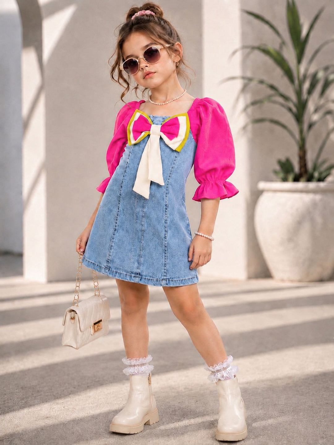 Girls Denim Hot Pink Bow Dress [GD-2A-6664] (4-12 Years)