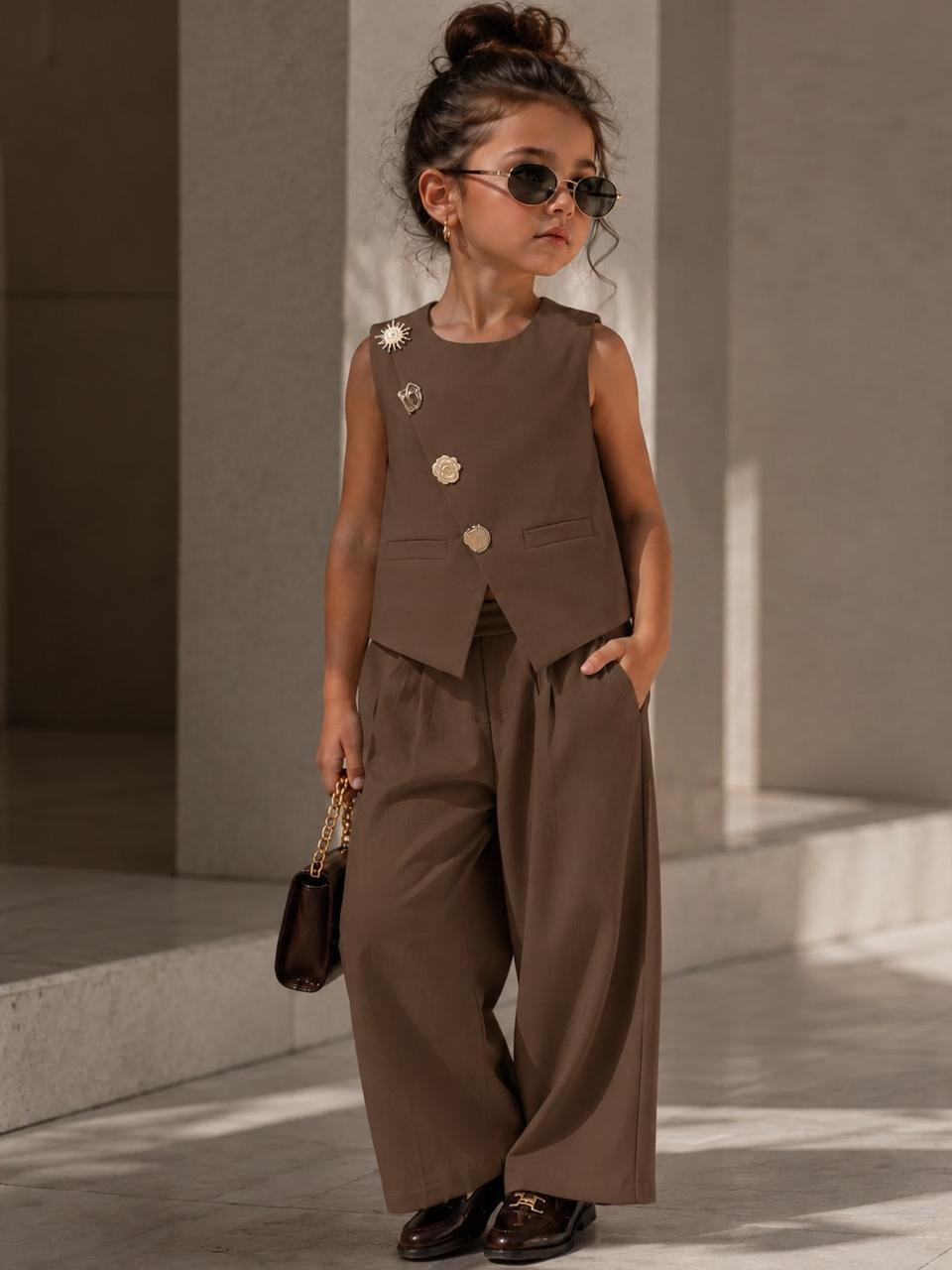 Girls Imported Dark Brown Waist Coat Co-Ord Set [GCS-4D-1495] (4-12Years)