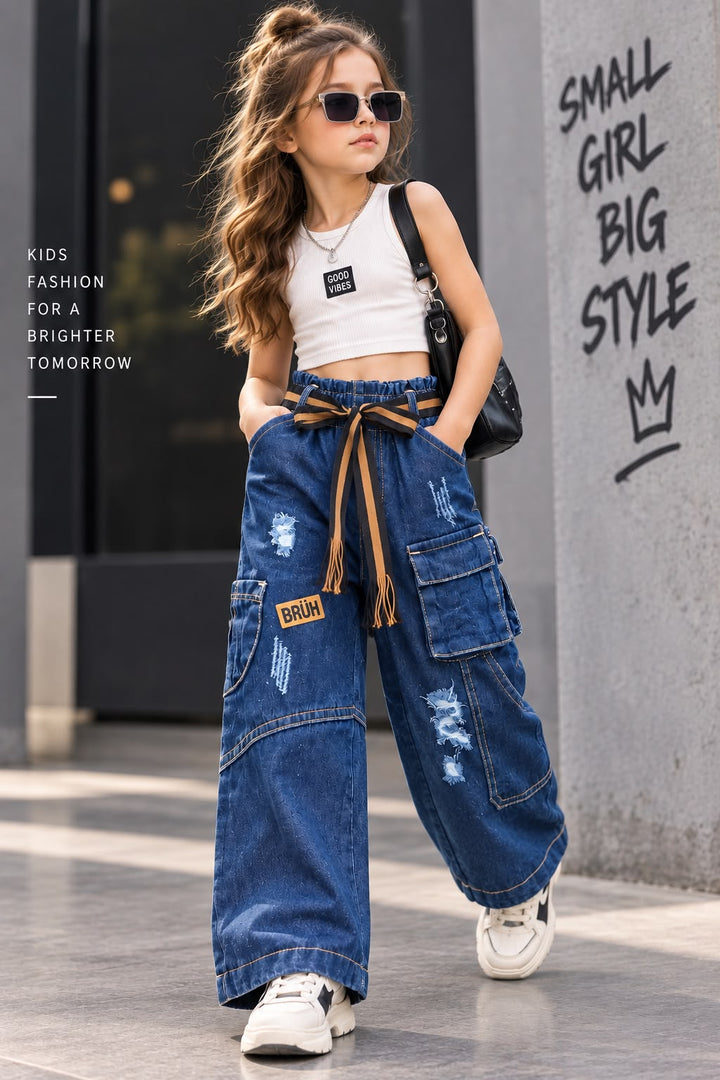Girl’s 7 Pocket Dark Blue Cargo Utility Denim Jeans (Only Jeans) [GJ-4J-2854] (1Y-13Years)
