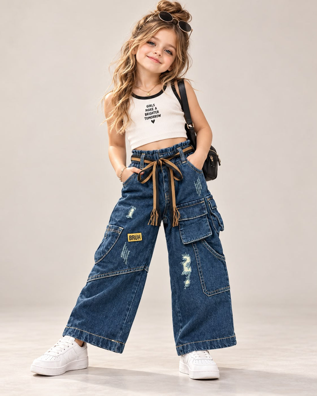 Girl’s 7 Pocket Dusty Blue Cargo Utility Denim Jeans (Only Jeans) [GJ-2F-3798] (1Y-13Years)
