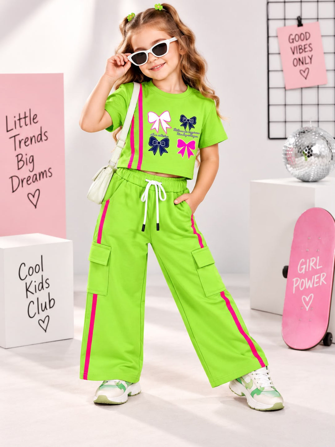 Girls Casual Neon Green Cargo Pocket Co-Ord Set [GCS-4H-6894] (4-12 Years)
