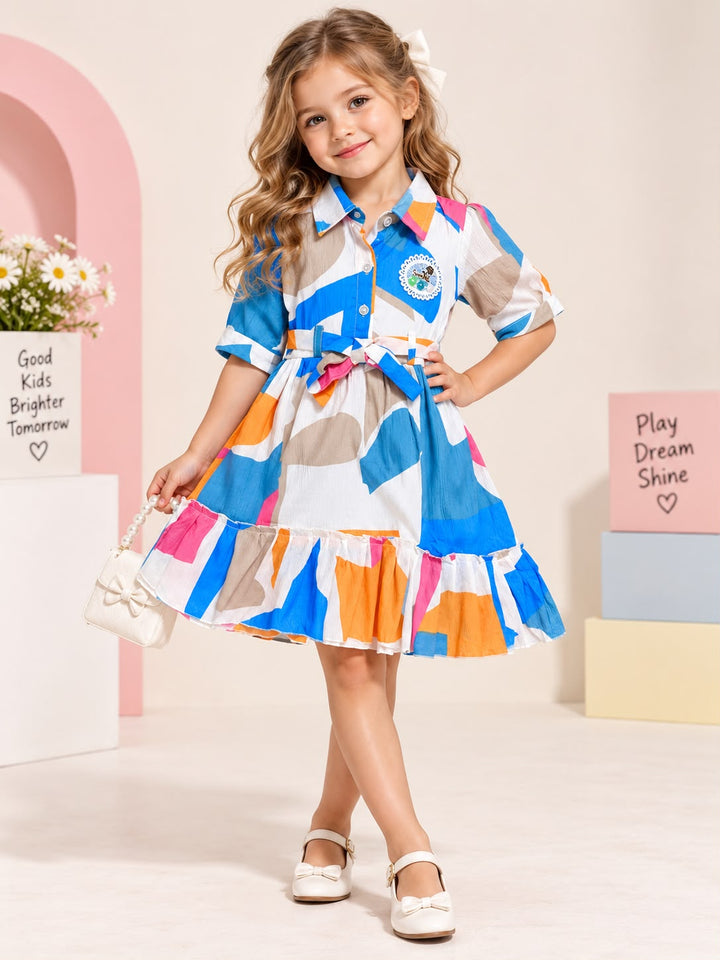 Girls Printed Blue Dresse [GD-1J-5358] (4-12Years)