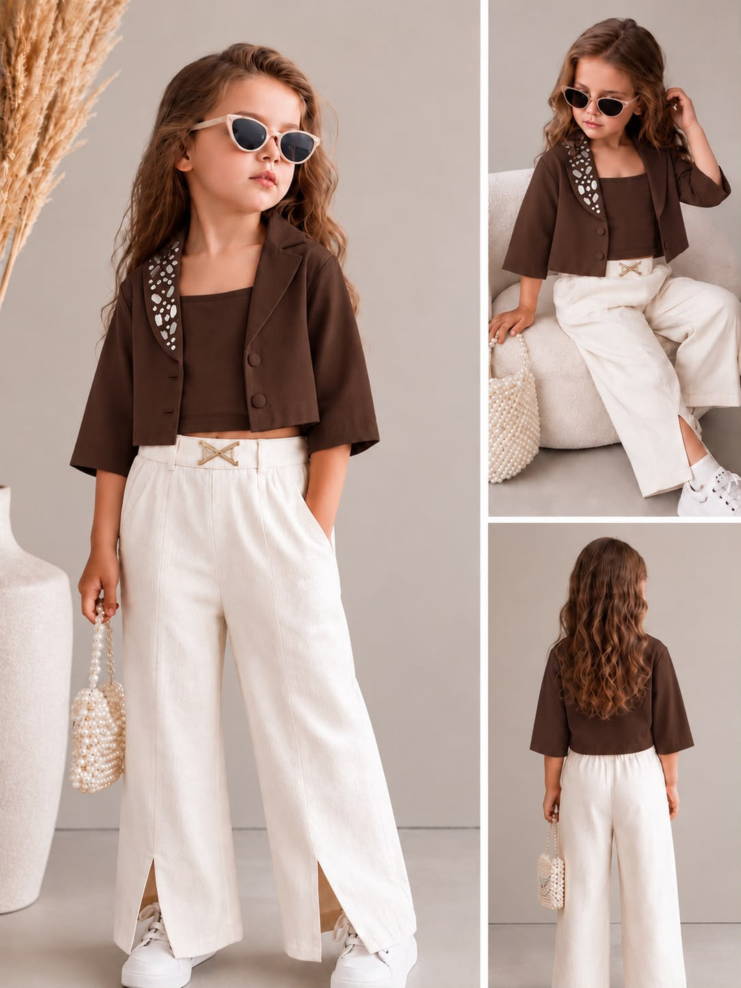 Girls 3 Piece Dark Brown Mirror Work Partywear Co-Ord Set [GCS-5F-3614] (4-12Years)