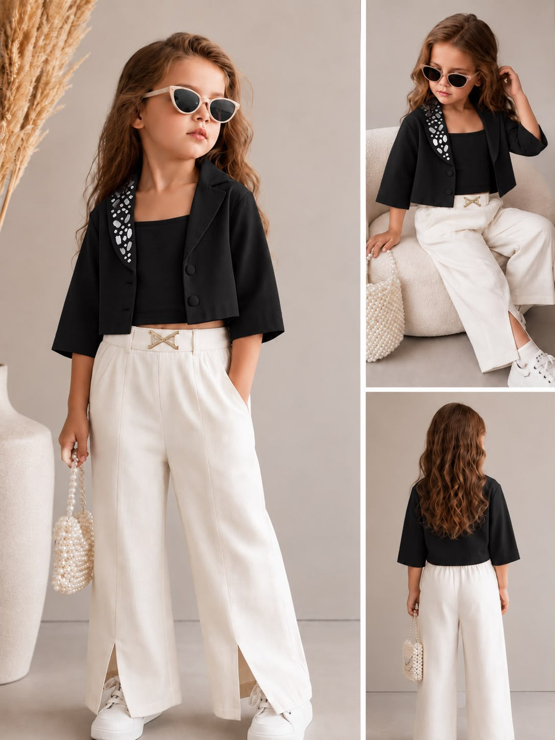 Girls 3 Piece Black Mirror Work Partywear Co-Ord Set [GCS-2F-2865] (4-12Years)