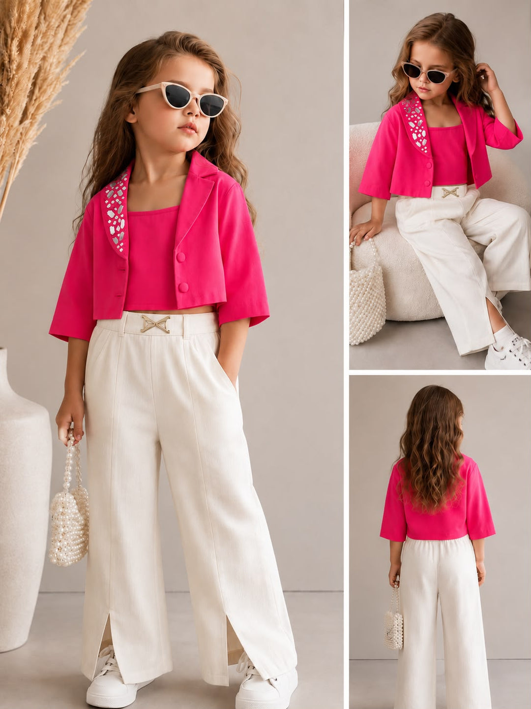 Girls 3 Piece Hot Pink Mirror Work Partywear Co-Ord Set [GCS-1G-6711] (4-12Years)