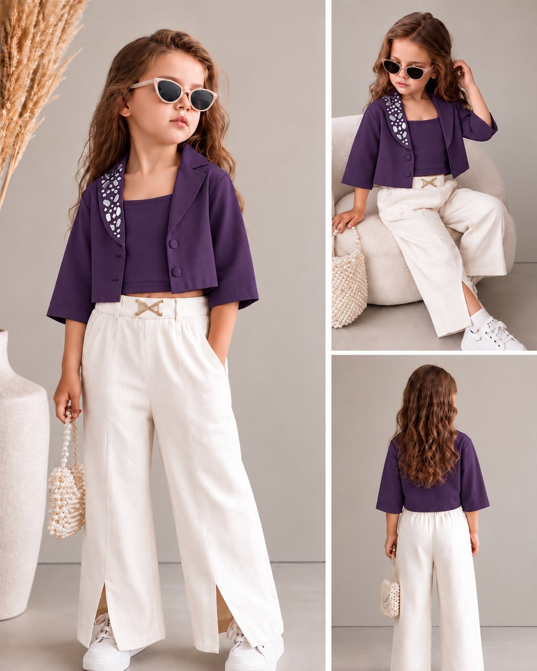 Girls 3 Piece Purple Mirror Work Partywear Co-Ord Set [GCS-3G-5687] (4-12Years)