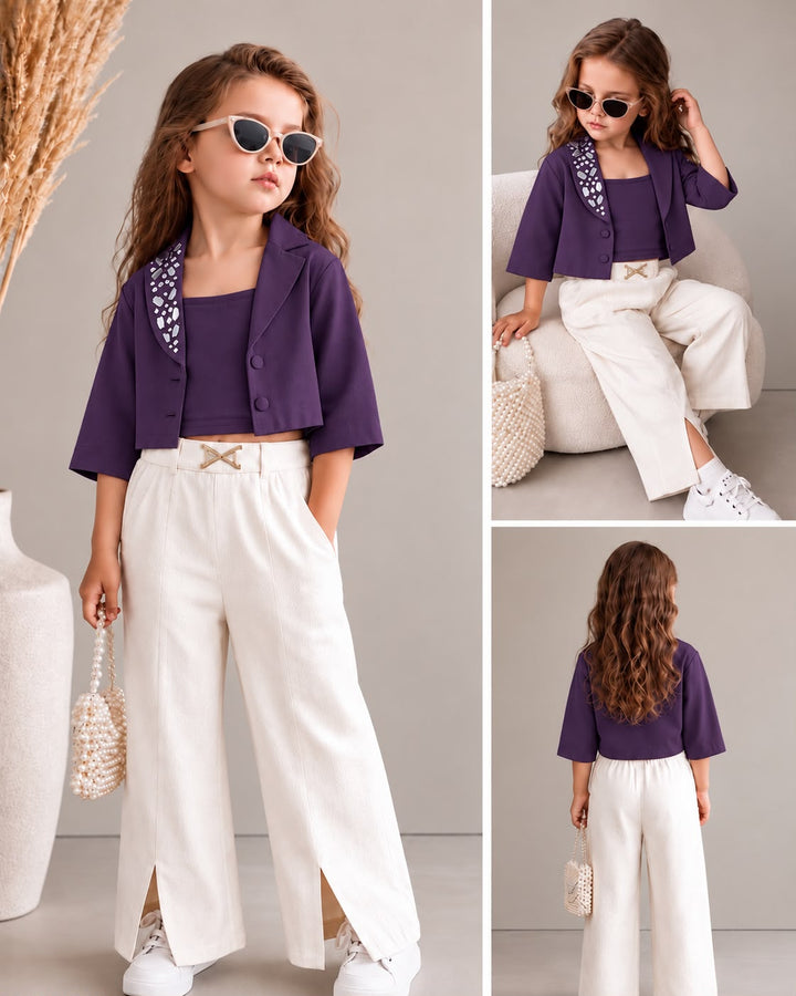 Girls 3 Piece Purple Mirror Work Partywear Co-Ord Set [GCS-3G-5687] (4-12Years)