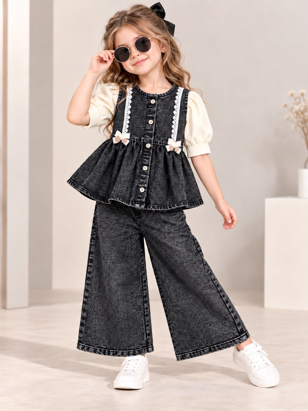 Girl's 3 Piece Black Denim Co-Ord Set Set [GCS-2C-3560] (4-12Years)