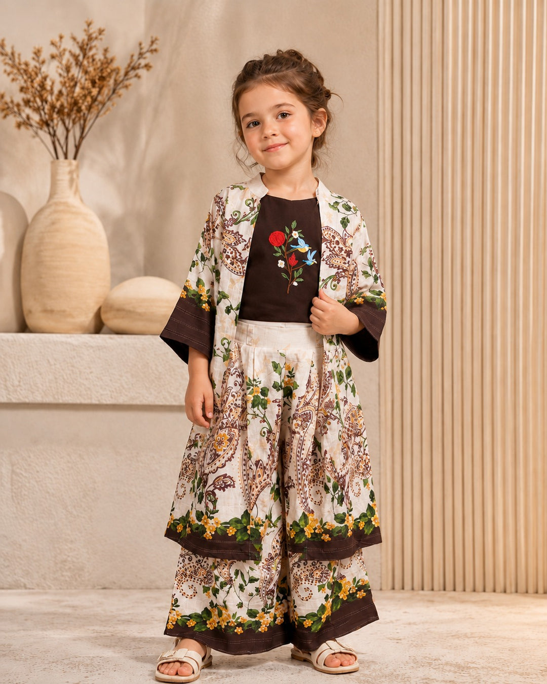 GIRLS EMBROIDED 3 PIECE BROWN CO-ORD SET [GCS-4E-4648] (4-12 Years)
