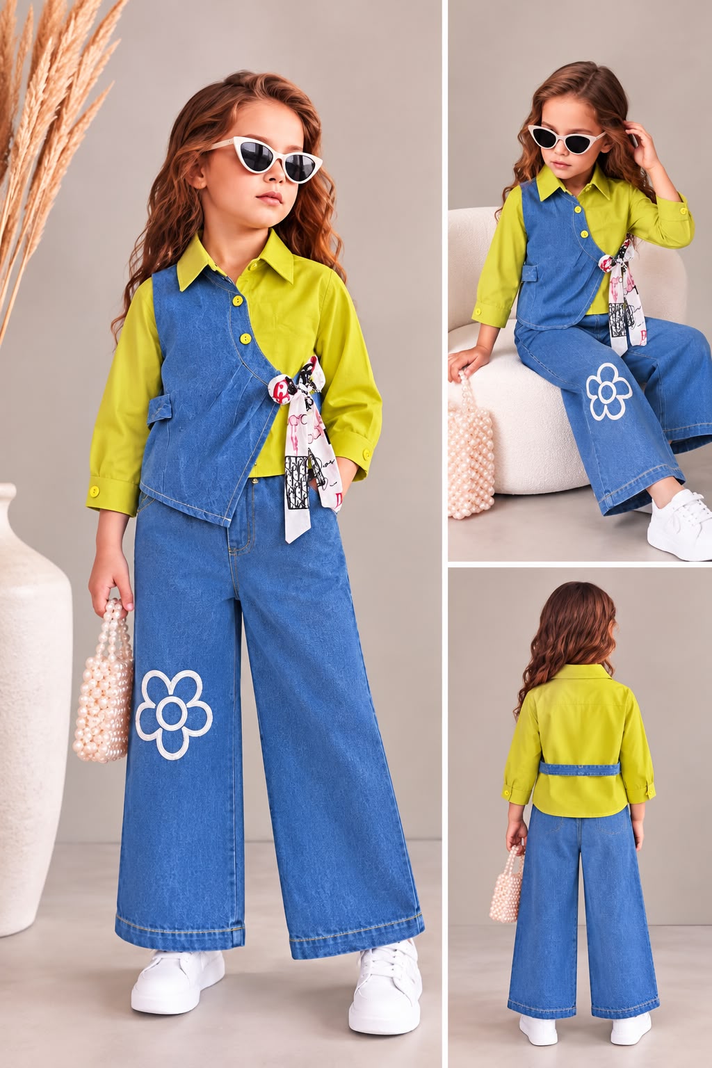 Girls Bloom Tie-Up Yellow Denim Co-Ord Set [GCS-4J-5984] (4-12Years)