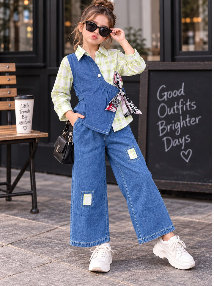 Girls Checkered Tie-Up Denim Co-Ord Set [GCS-4D-0599] (4-12Years)