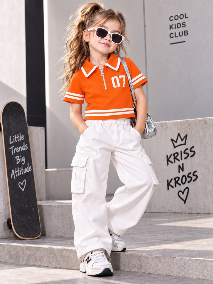 Girls Orange Varsity Zip Polo T-Shirt [ONLY T-SHIRT] [GT-R-9950] [4-12 year]