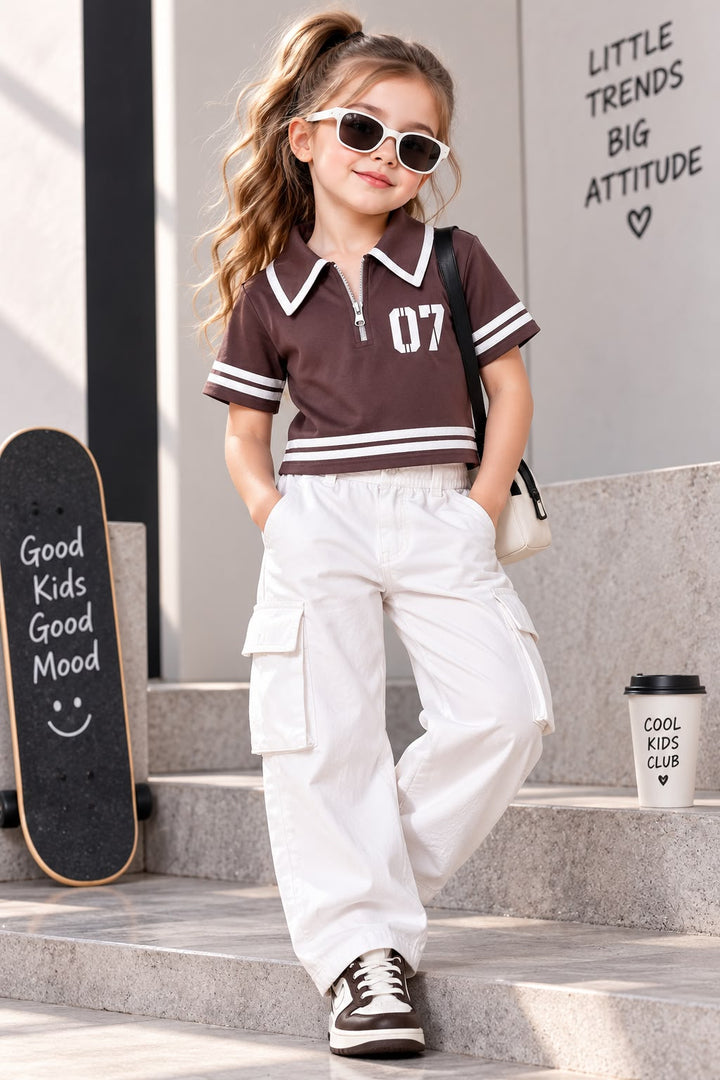Girls Brown Varsity Zip Polo T-Shirt [ONLY T-SHIRT] [GT-R-0552] [4-12 year]