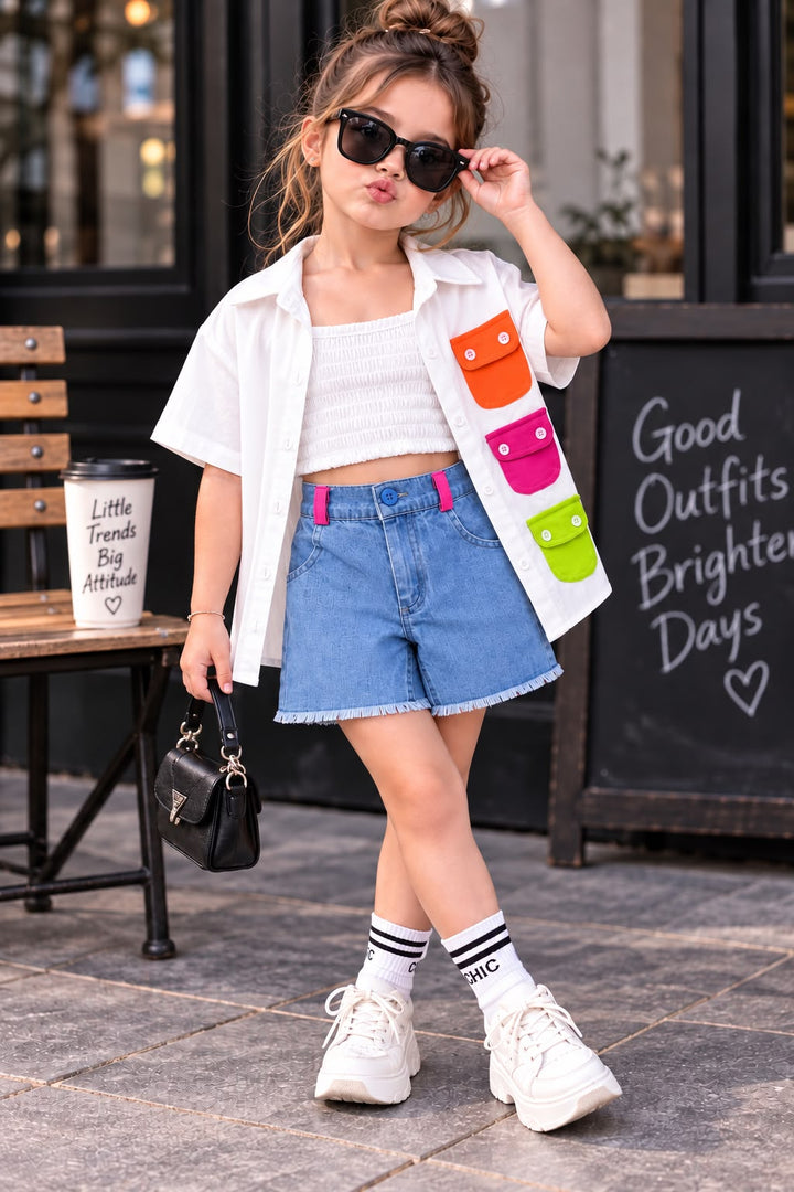 Girl's White Urban Pop 3 Piece Oversize Co-Ord Set Set [GCS-1F-1544] (4-12Years)