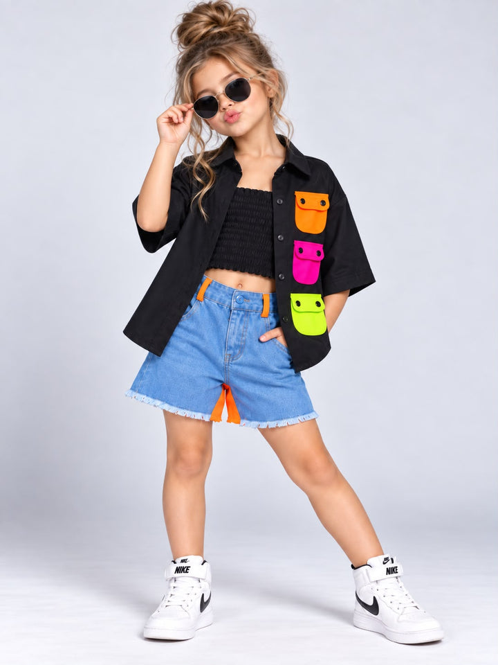 Girl's Black Urban Pop 3 Piece Oversize Co-Ord Set Set [GCS-6F-2135] (4-12Years)