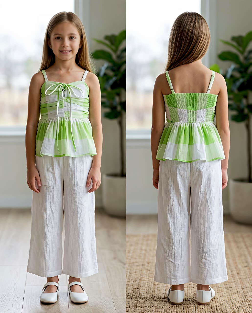 Girl's Green Checkered Peplum Co-Ord Set [GCS-4E-3487] (4-12 Years)