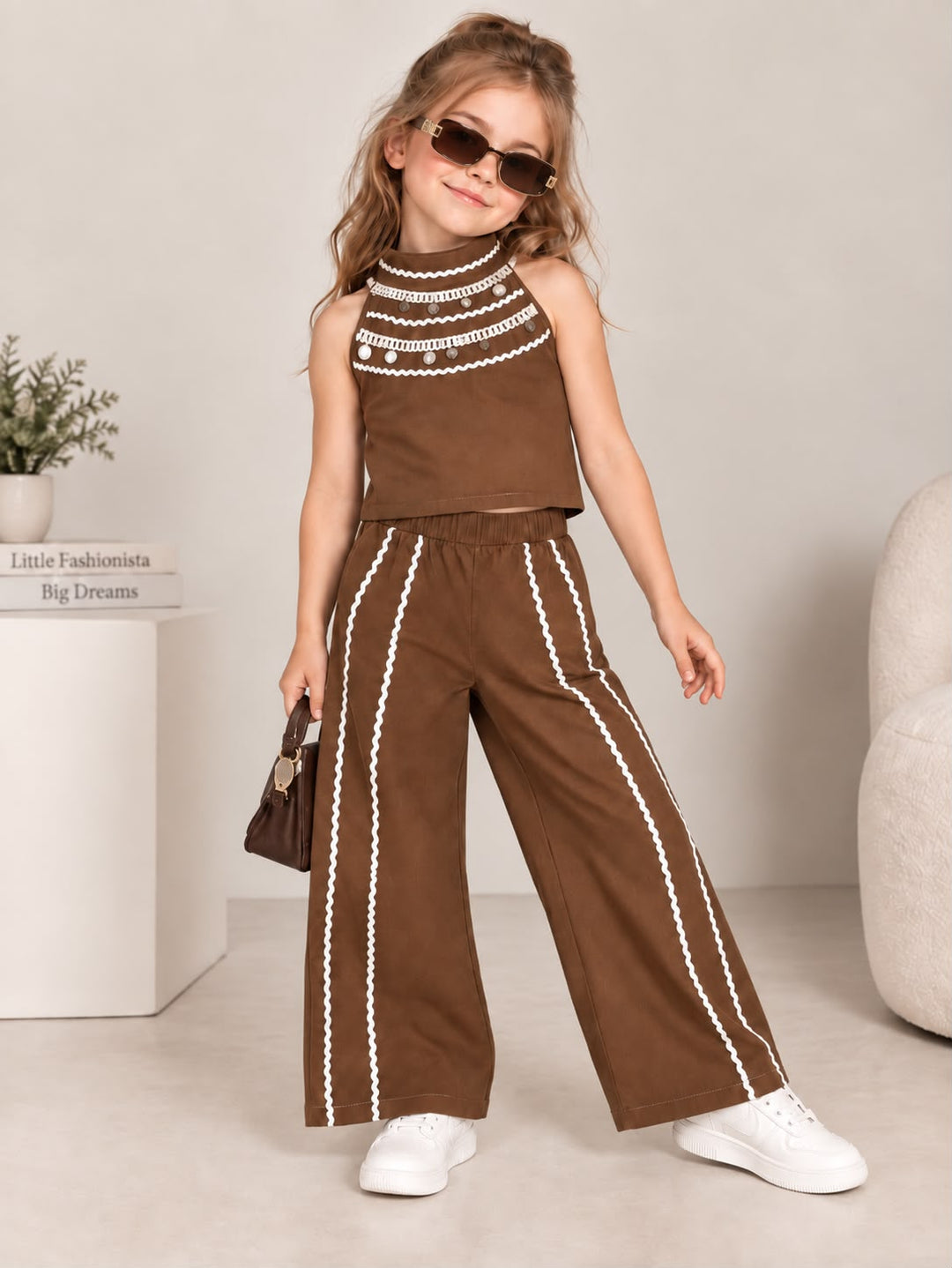 Girl's Summer Brown Seashell Two-Piece Co-Ord Set [GCS-6G-3171] (4-12 Years)