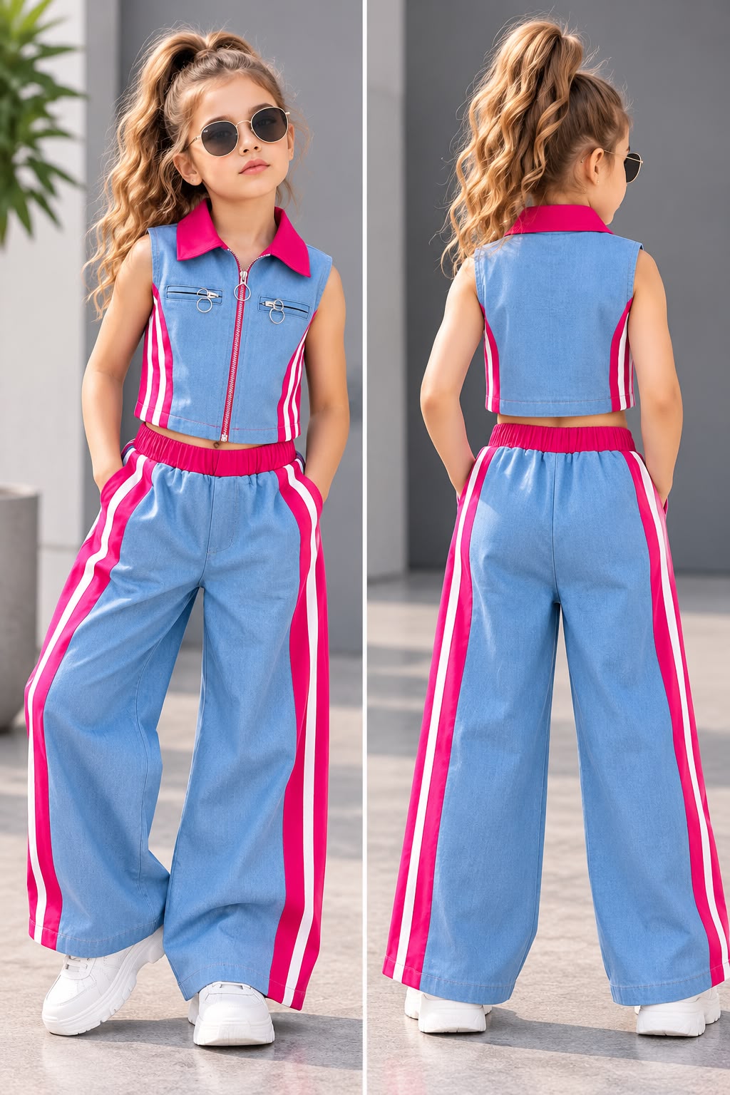 Girls Designer Hot Pink Denim Co-Ord Set [GCS-5J-7418] (4-12Years)