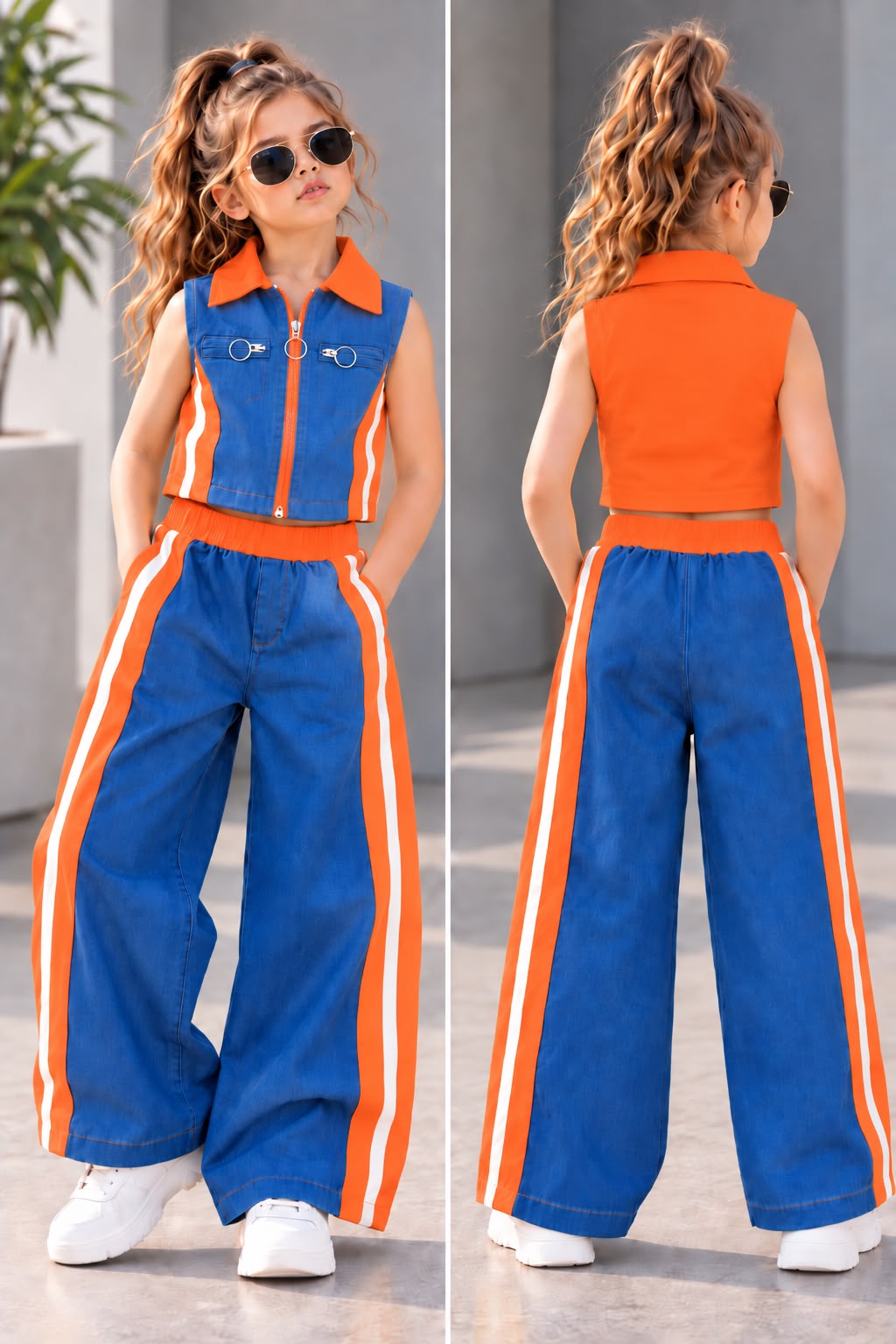 Girls Designer Orange Denim Co-Ord Set [GCS-1J-5296] (4-12Years)