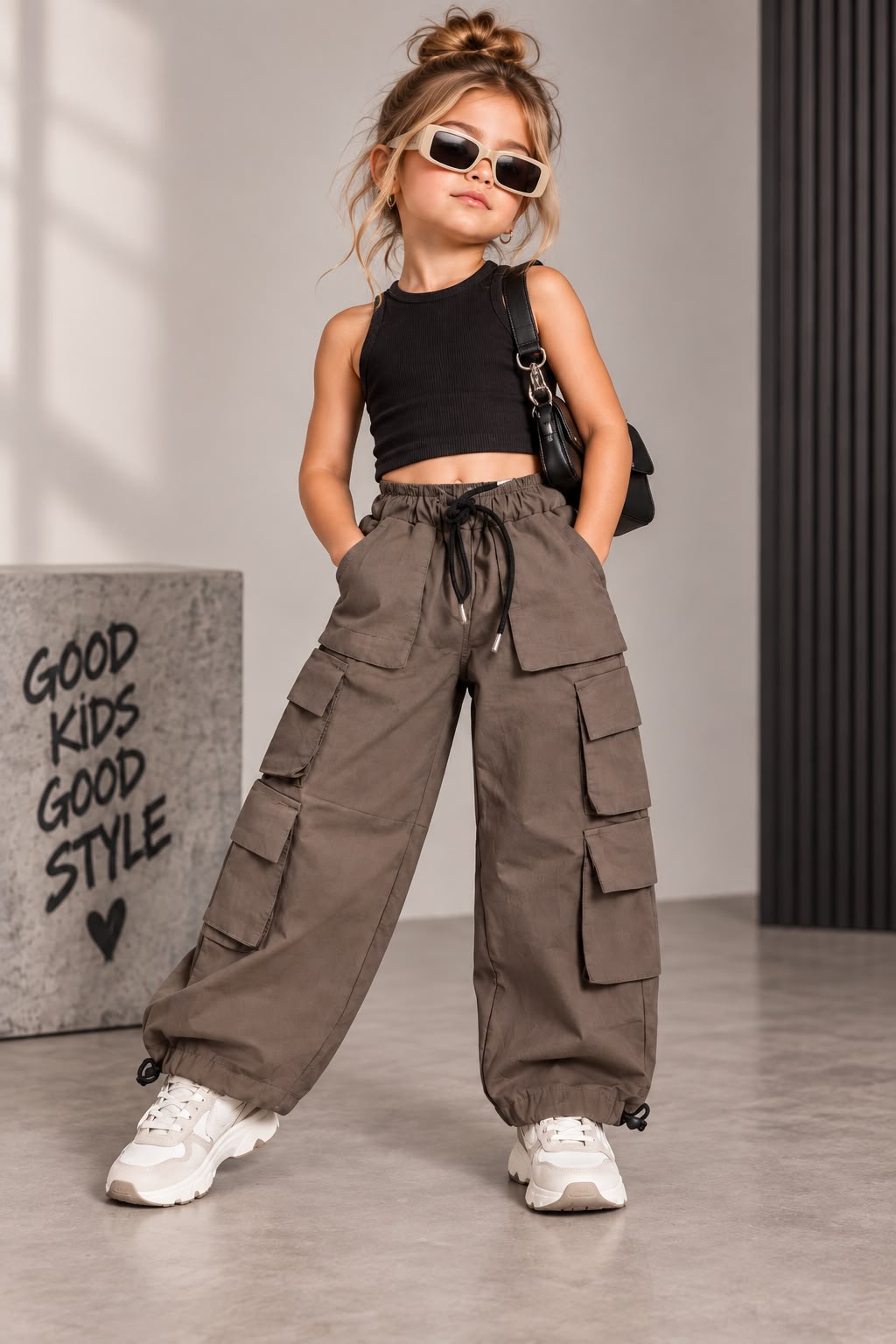 Girls Brown 6 Pocket Parachute Pant [ONLY PANT] [GJ-1D-2450] (4-12Years)