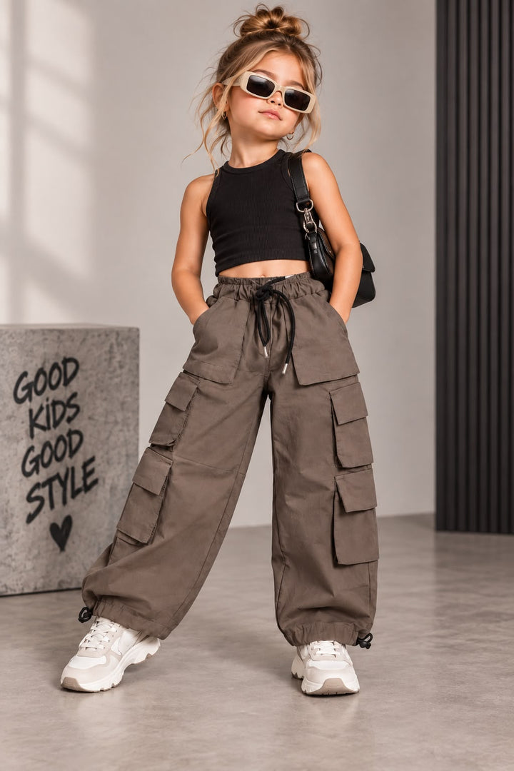 Girls Brown 6 Pocket Parachute Pant [ONLY PANT] [GJ-1D-2450] (4-12Years)