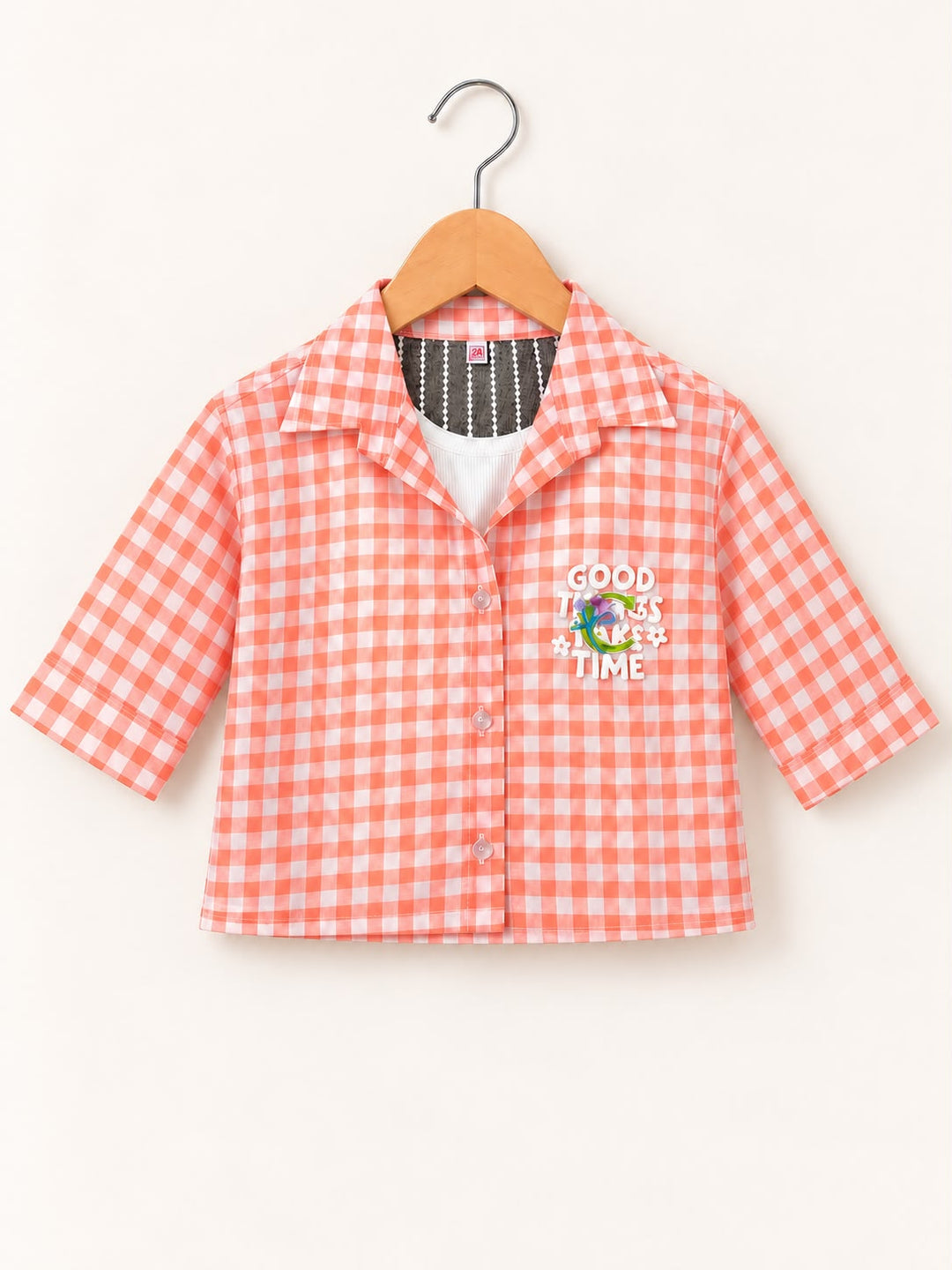 Girl’s Coral Checkered Lace Shirt  [GT-2K-0322] [4-12 Year]