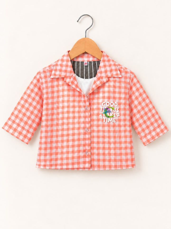 Girl’s Coral Checkered Lace Shirt  [GT-2K-0322] [4-12 Year]
