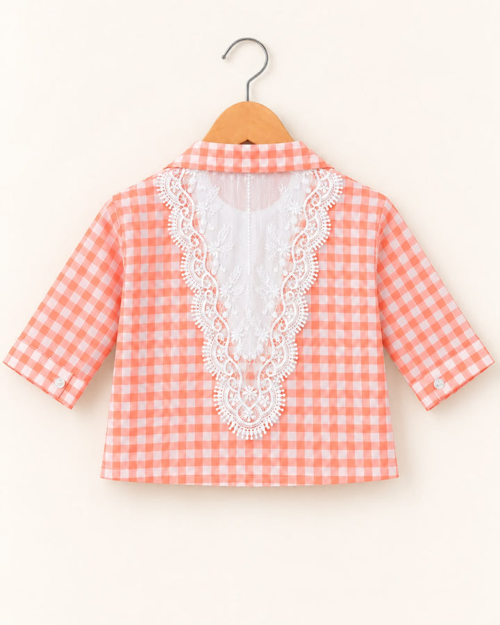 Girl’s Coral Checkered Lace Shirt  [GT-2K-0322] [4-12 Year]