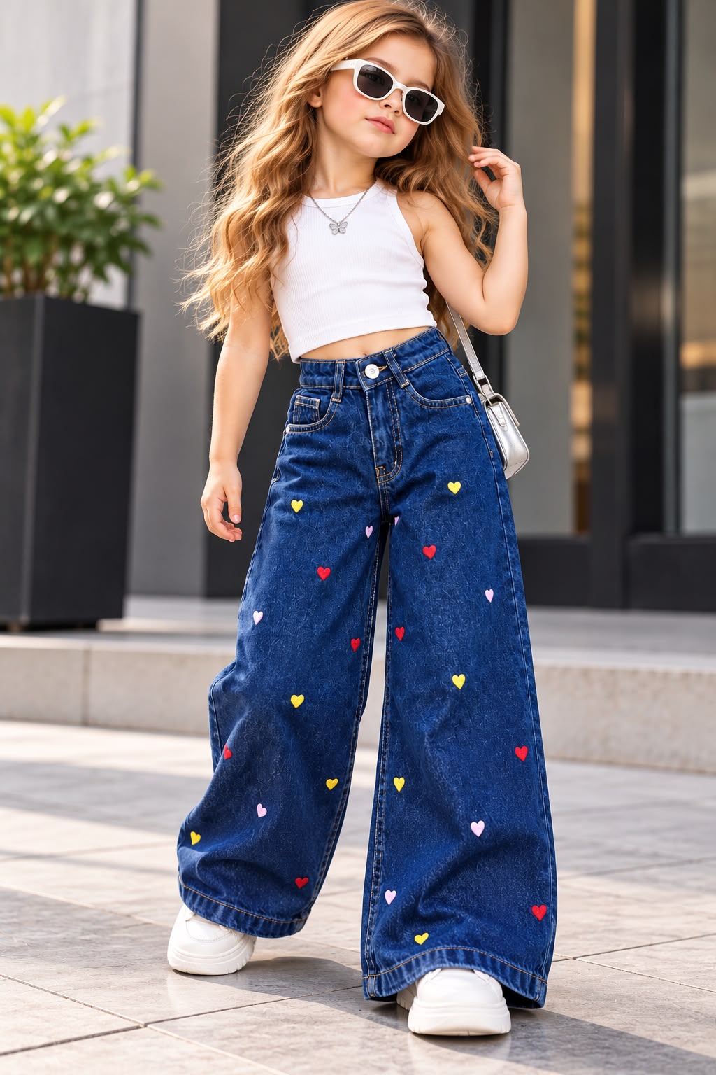 Girls Heart Embroided Wide Leg Denim Jeans (Only Jeans) [GJ-3J-3980] (3-15Years)