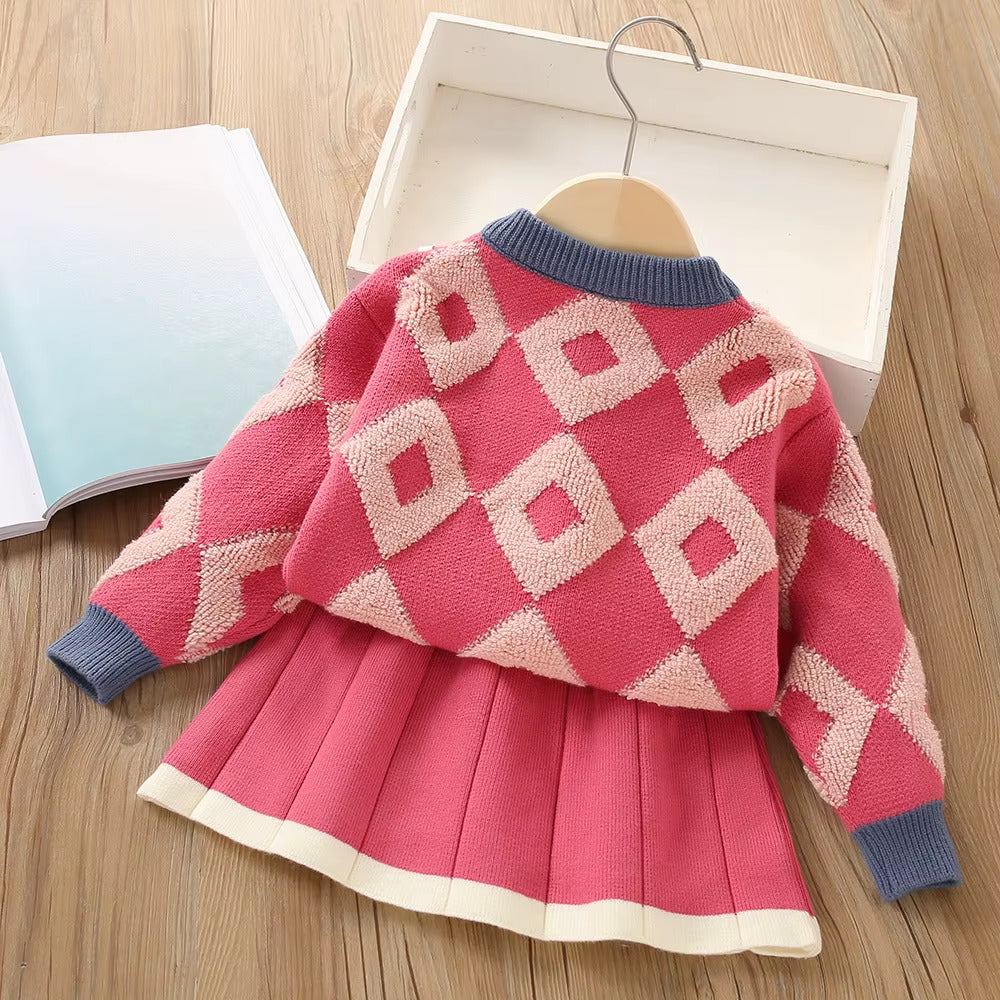 Girls Knitted Sweater Top And Skirt Set, Korean Fashion, Autumn/Winter Co-Ord Set [GCS-6662](2-7 Years)