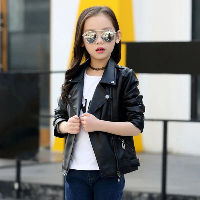 Unisex Black PU Leather Jacket with Cuban Collar, Zip Up Autumn/Winter Coat with Pockets [BT-166] [3 - 11Years]