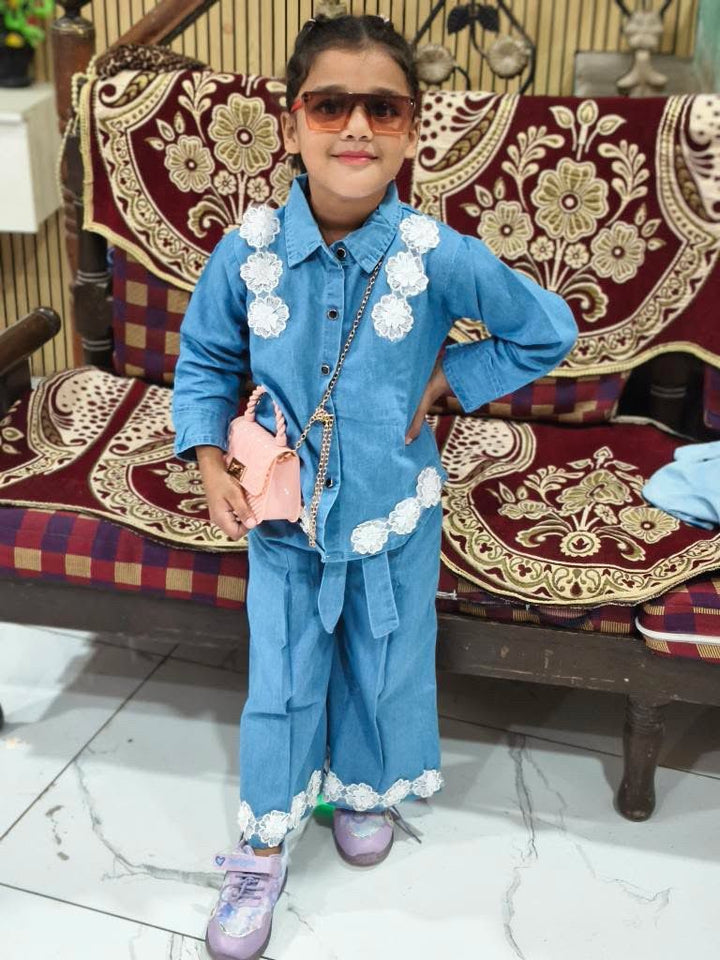 Girl's Soft Denim Flower Co-Ord Set [GCS-6883](4-12 Years)