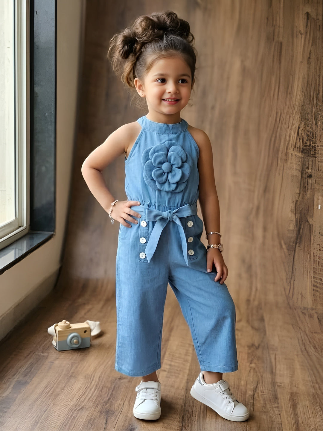 Girls Soft Cotton Denim Flower Ice Blue Jumpsuit With T-shirt [GD-6122] (2-10 Years)