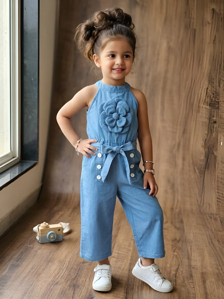 Girls Soft Cotton Denim Flower Ice Blue Jumpsuit With T-shirt [GD-6122] (2-10 Years)