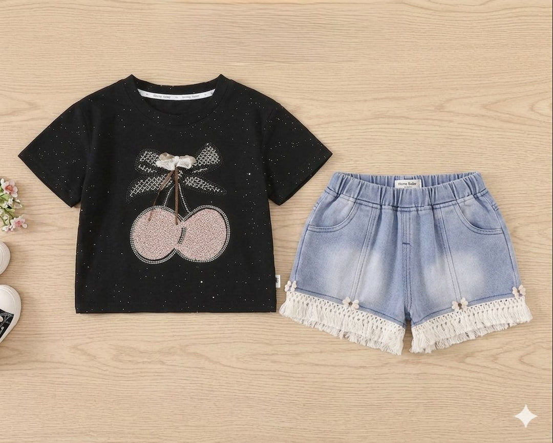 Girl's Black Cherry Rhinestone 2-Piece Co-Ord Set [GCS-8329] (2-8 Years)