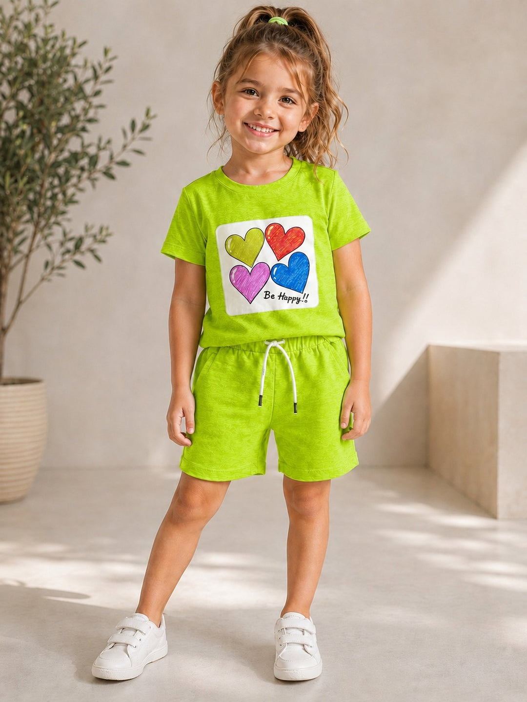 Girls Be Happy Shorts Neon Green Co-Ord Set [GCS-8941] (4-12 Years)