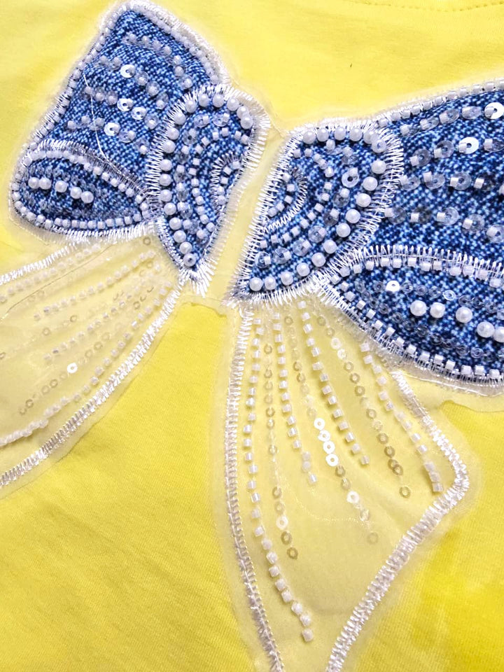 Girls Embroidered Lemon Yellow Bow Top (Only Top) [GT-351] [9M-12 year]