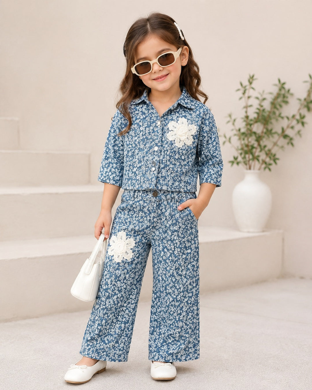 Girl's Flower Light Blue Denim Co-Ord Set [GCS-3789](4-12 Years)