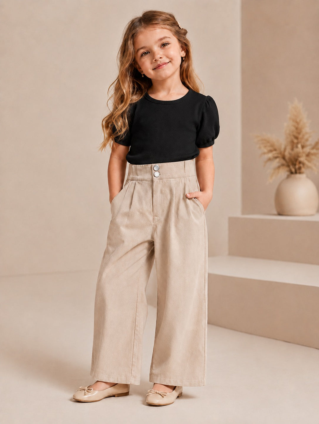 Girls Beige Double Button Korean Pant [ONLY PANT] [GJ-3645](4-12Years)