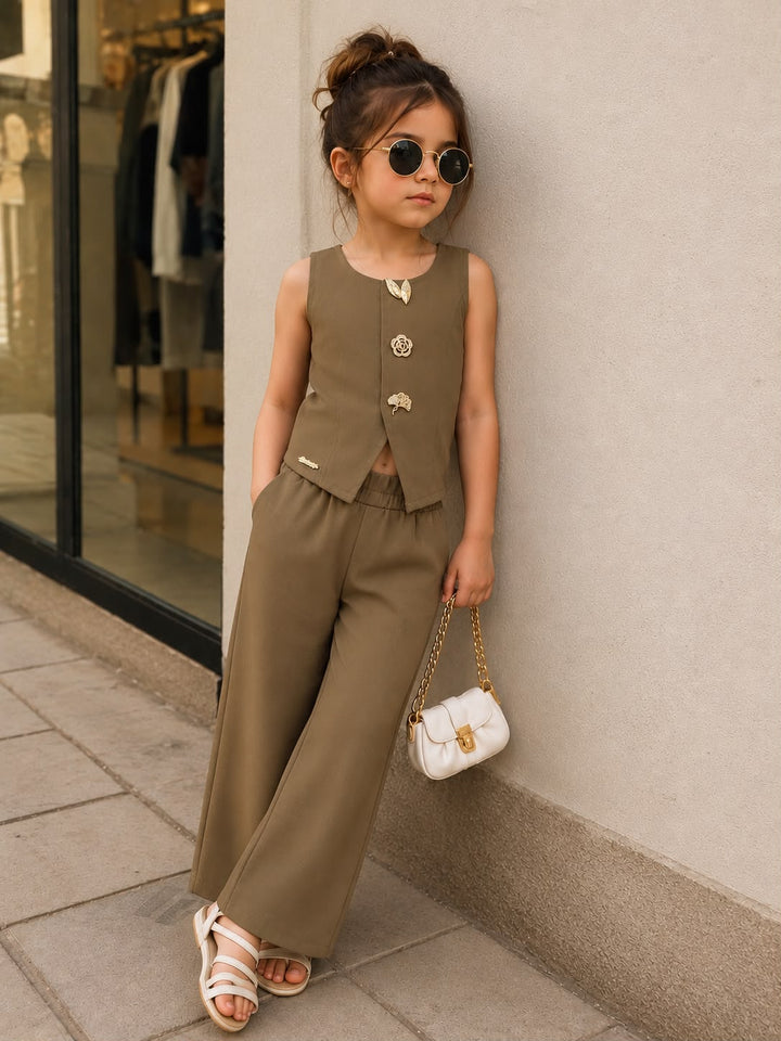 Girls Imported Brown Waist Coat Co-Ord Set [3F-6598] (4-12Years)