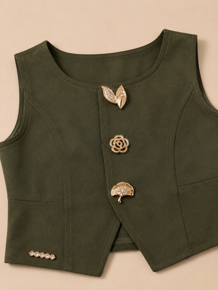 Girls Imported Mehandi Green Waist Coat Co-Ord Set [2F-3512] (4-12Years)