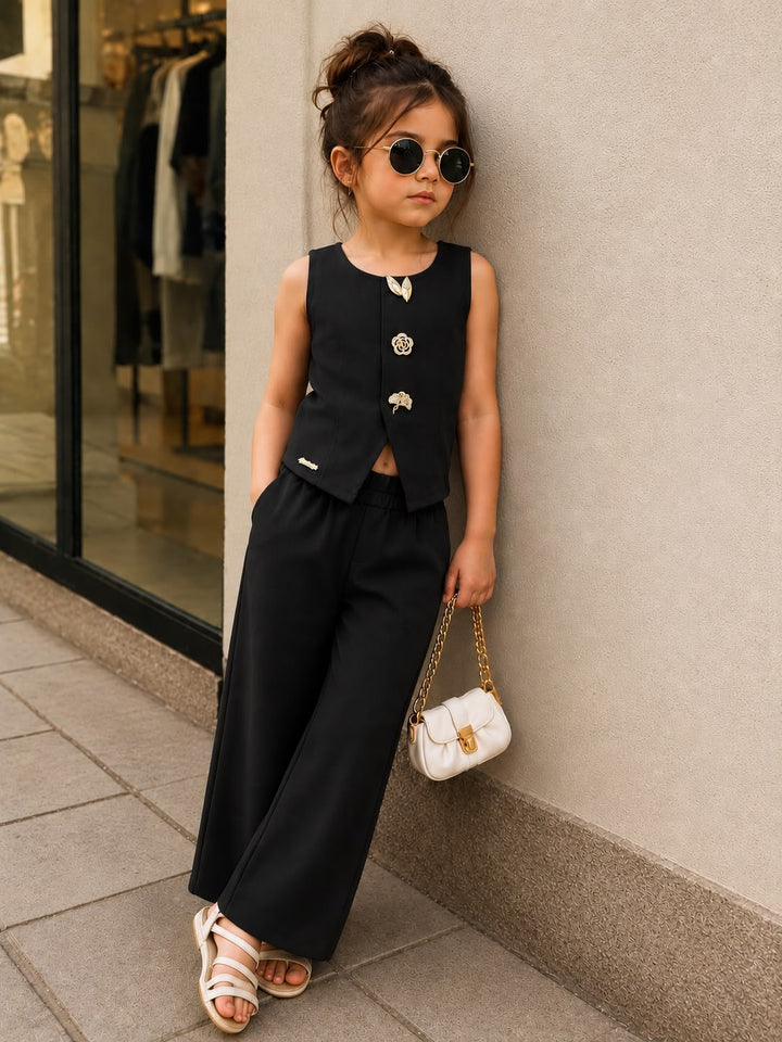 Girls Imported Black Waist Coat Co-Ord Set [2F-5588] (4-12Years)