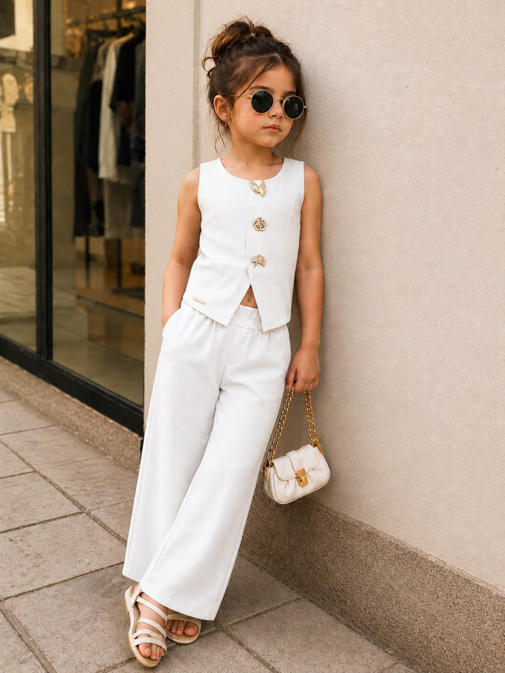 Girls Imported White Waist Coat Co-Ord Set [3F-4569] (4-12Years)