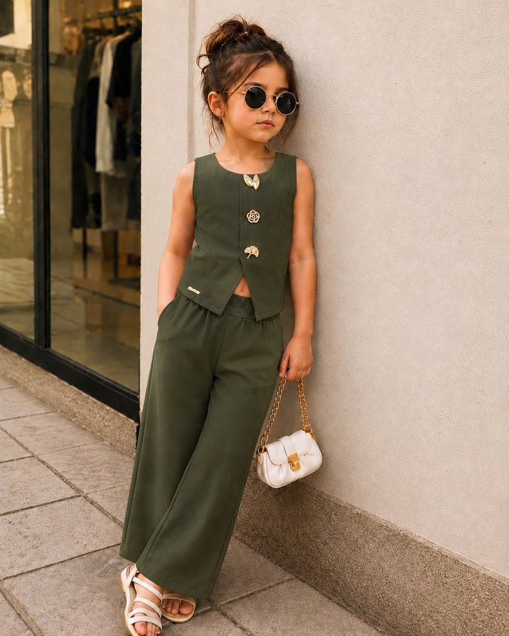 Girls Imported Mehandi Green Waist Coat Co-Ord Set [2F-3512] (4-12Years)