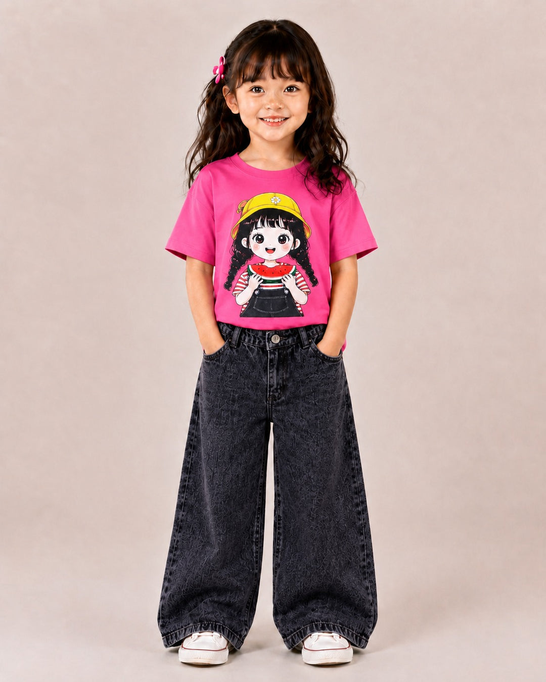Girls Oversized Hot Pink Cartoon Tee & Denim Jeans Co-Ord Set [4J-1501] (3-11 Years)