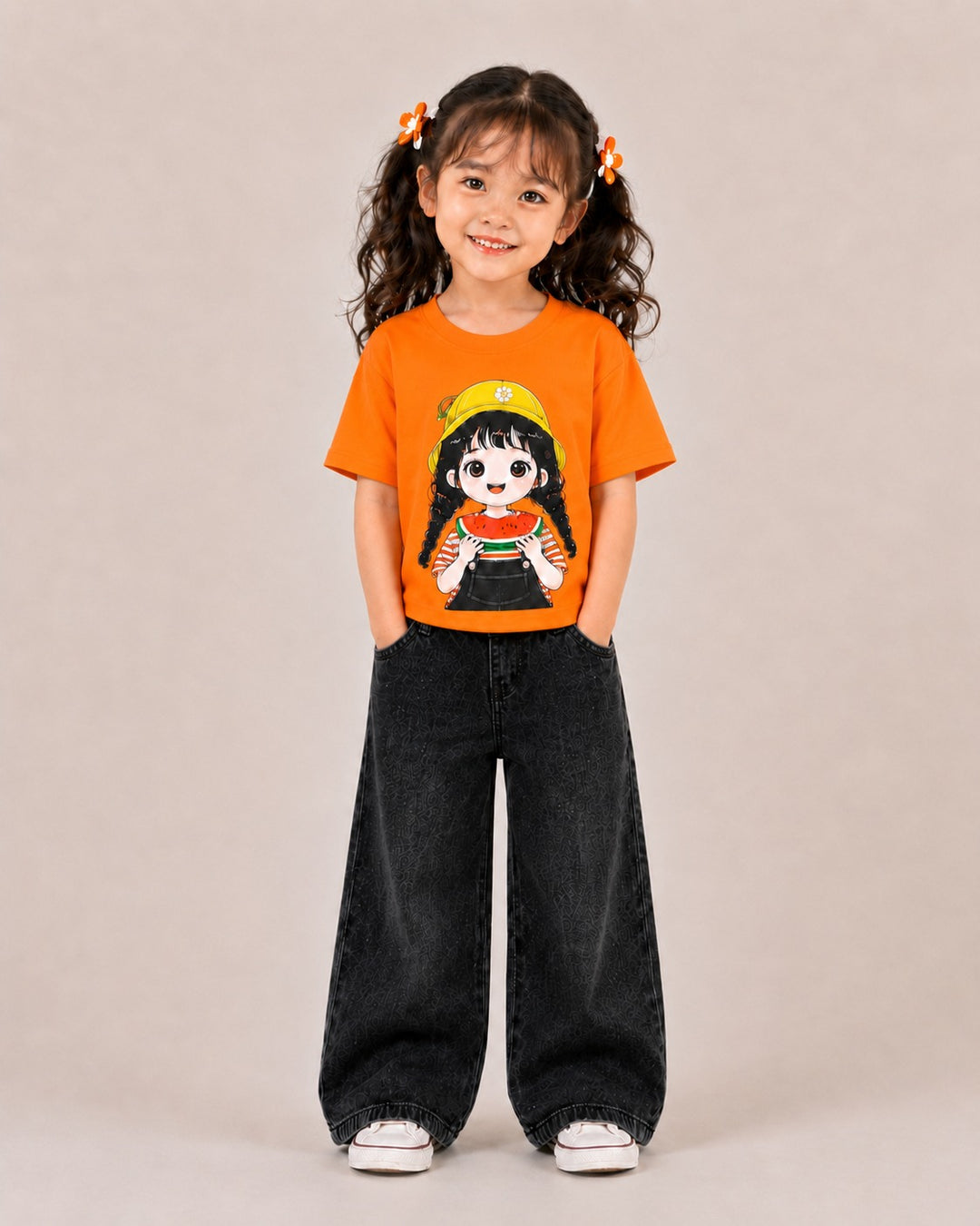 Girls Oversized Orange Cartoon Tee & Denim Jeans Co-Ord Set [4J-2898] (3-11 Years)
